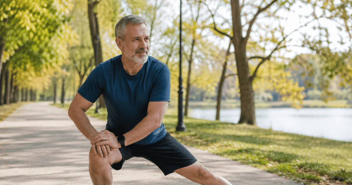 Active middle-aged adult stretching outdoors in a park to support joint mobility and healthy movement.
