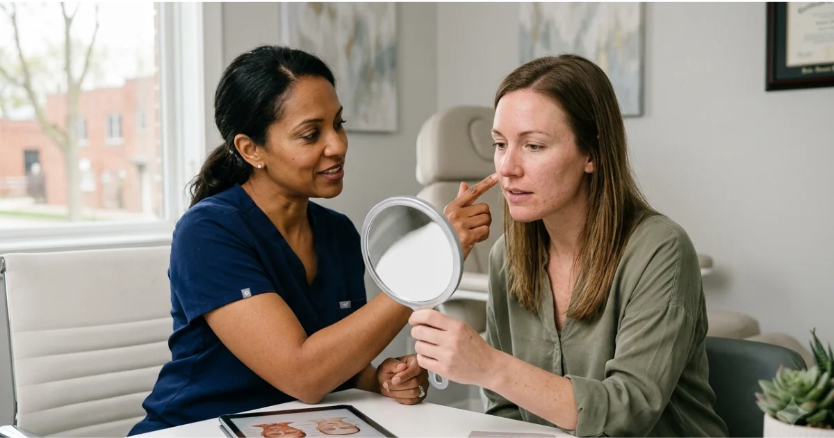 An aesthetic practitioner gently examining a patient's cheek contours during a dermal filler revision consultation.