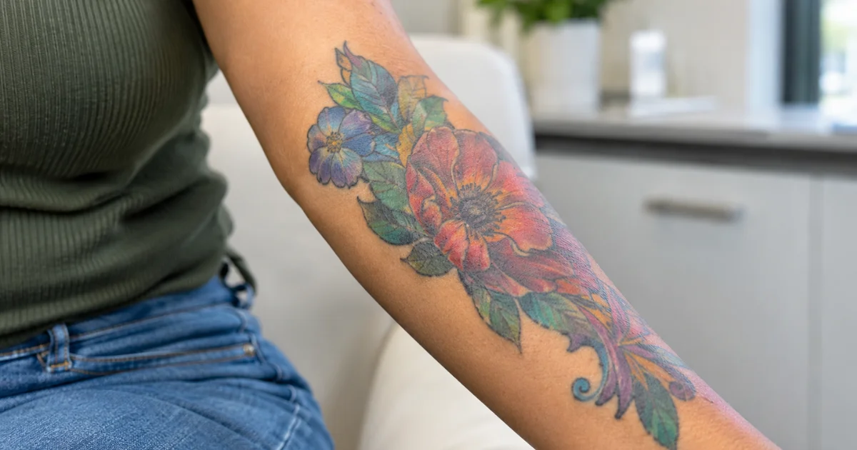Adult with a colorful tattoo on the forearm during a tattoo removal consultation